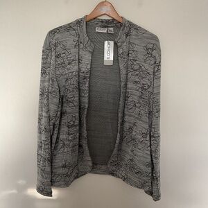 Chicos Travelers Sz 3 Robinson Layla Floral Jacket Open Front Gray Slinky USA